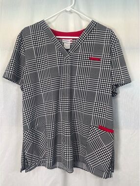 White Cross Houndstooth Pattern Scrub Top Women's XL